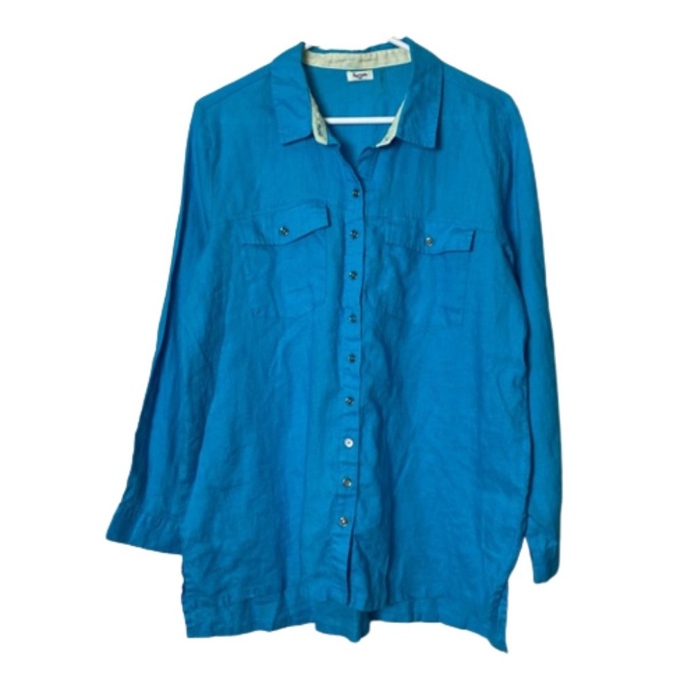 Symple NYC light blue 100% linen button up shirt womens L lagenlook